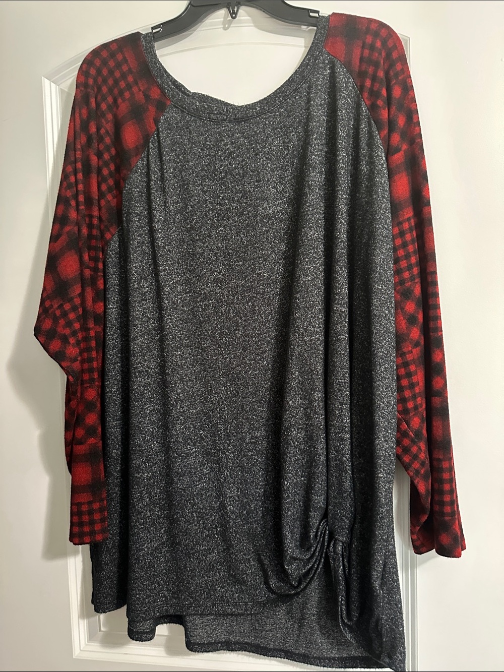 Maurices Black Heather Tunic with Red Plaid Raglan Sleeves